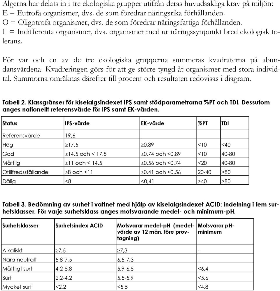 För var och en av de tre ekologiska grupperna summeras kvadraterna på abundansvärdena. Kvadreringen görs för att ge större tyngd åt organismer med stora individtal.