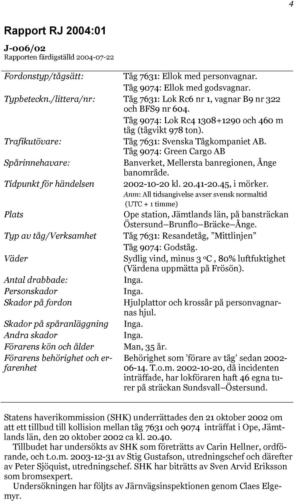 Tåg 9074: Green Cargo AB Spårinnehavare: Banverket, Mellersta banregionen, Ånge banområde. Tidpunkt för händelsen 2002-10-20 kl. 20.41-20.45, i mörker.