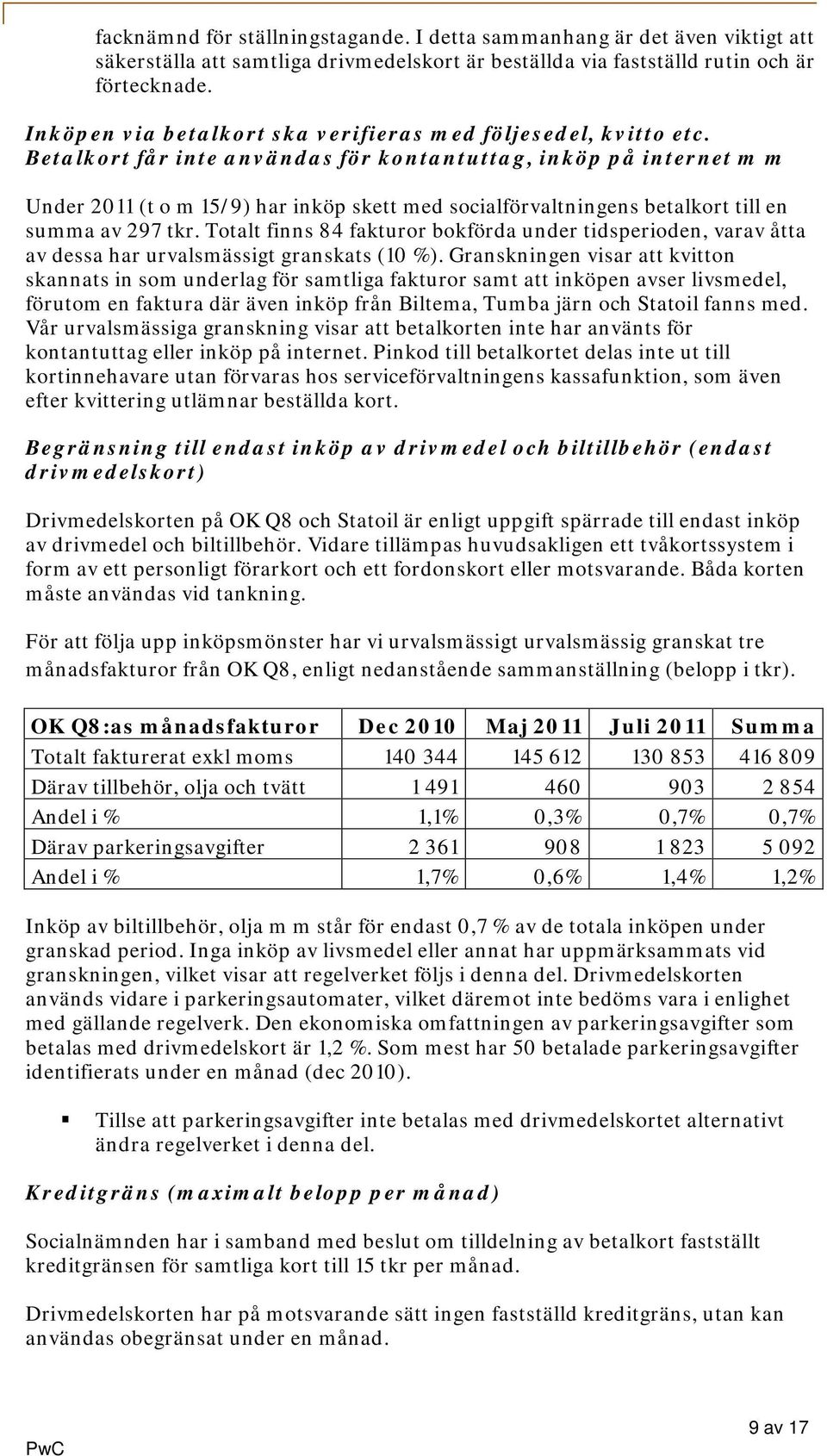 Betalkort får inte användas för kontantuttag, inköp på internet m m Under 2011 (t o m 15/9) har inköp skett med socialförvaltningens betalkort till en summa av 297 tkr.