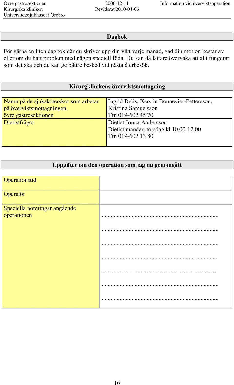 Kirurgklinikens överviktsmottagning Namn på de sjuksköterskor som arbetar på överviktsmottagningen, övre gastrosektionen Dietistfrågor Ingrid Delis, Kerstin