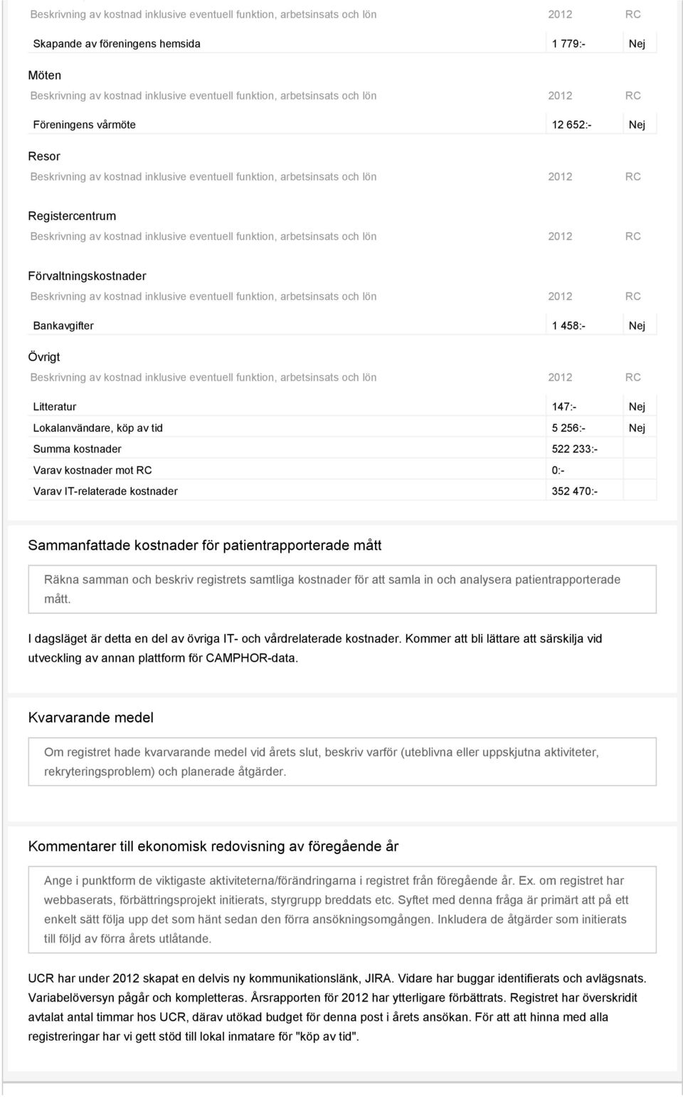 inklusive eventuell funktion, arbetsinsats och lön 2012 RC Förvaltningskostnader Beskrivning av kostnad inklusive eventuell funktion, arbetsinsats och lön 2012 RC Bankavgifter 1 458:- Övrigt