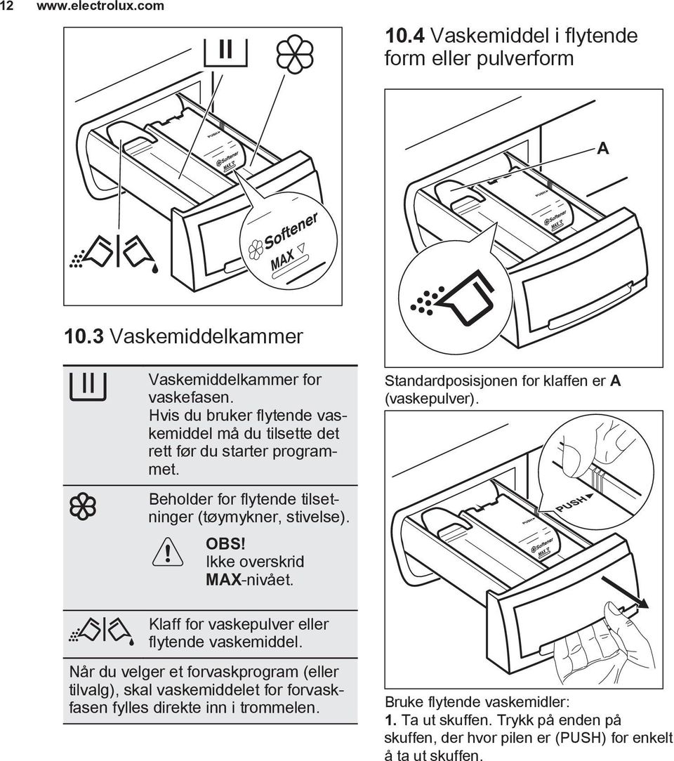 Ikke overskrid MAX-nivået. Standardposisjonen for klaffen er A (vaskepulver). Klaff for vaskepulver eller flytende vaskemiddel.