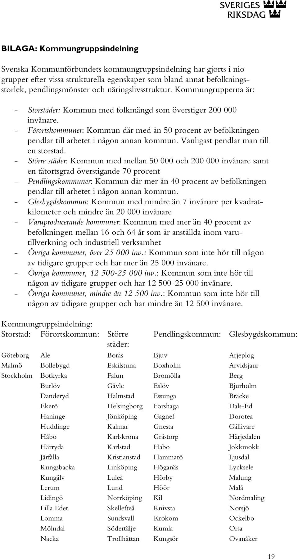 - Förortskommuner: Kommun där med än 50 procent av befolkningen pendlar till arbetet i någon annan kommun. Vanligast pendlar man till en storstad.