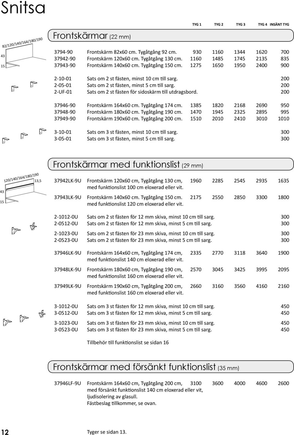 200 2-05-01 Sats om 2 st fästen, minst 5 cm till sarg. 200 2-UF-01 Sats om 2 st fästen för sidoskärm till utdragsbord. 200 37946-90 Frontskärm 164x60 cm. Tygåtgång 174 cm.