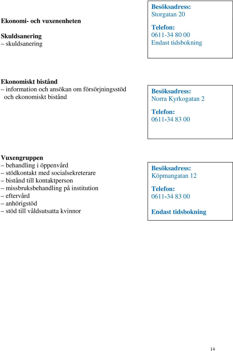 Kyrkogatan 2 0611-34 83 00 Vuxengruppen behandling i öppenvård stödkontakt med socialsekreterare bistånd till kontaktperson