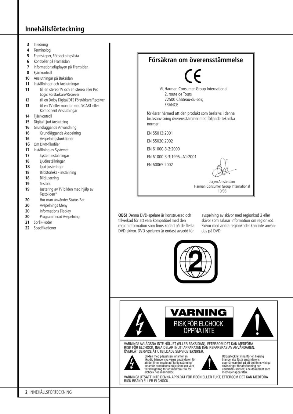 Komponent Anslutningar 14 Fjärrkontroll 15 Digital Ljud Anslutning 16 Grundläggande Användning 16 Grundläggande Avspelning 16 Avspelningsfunktioner 16 Om DivX-filmfiler 17 Inställning av Systemet 17