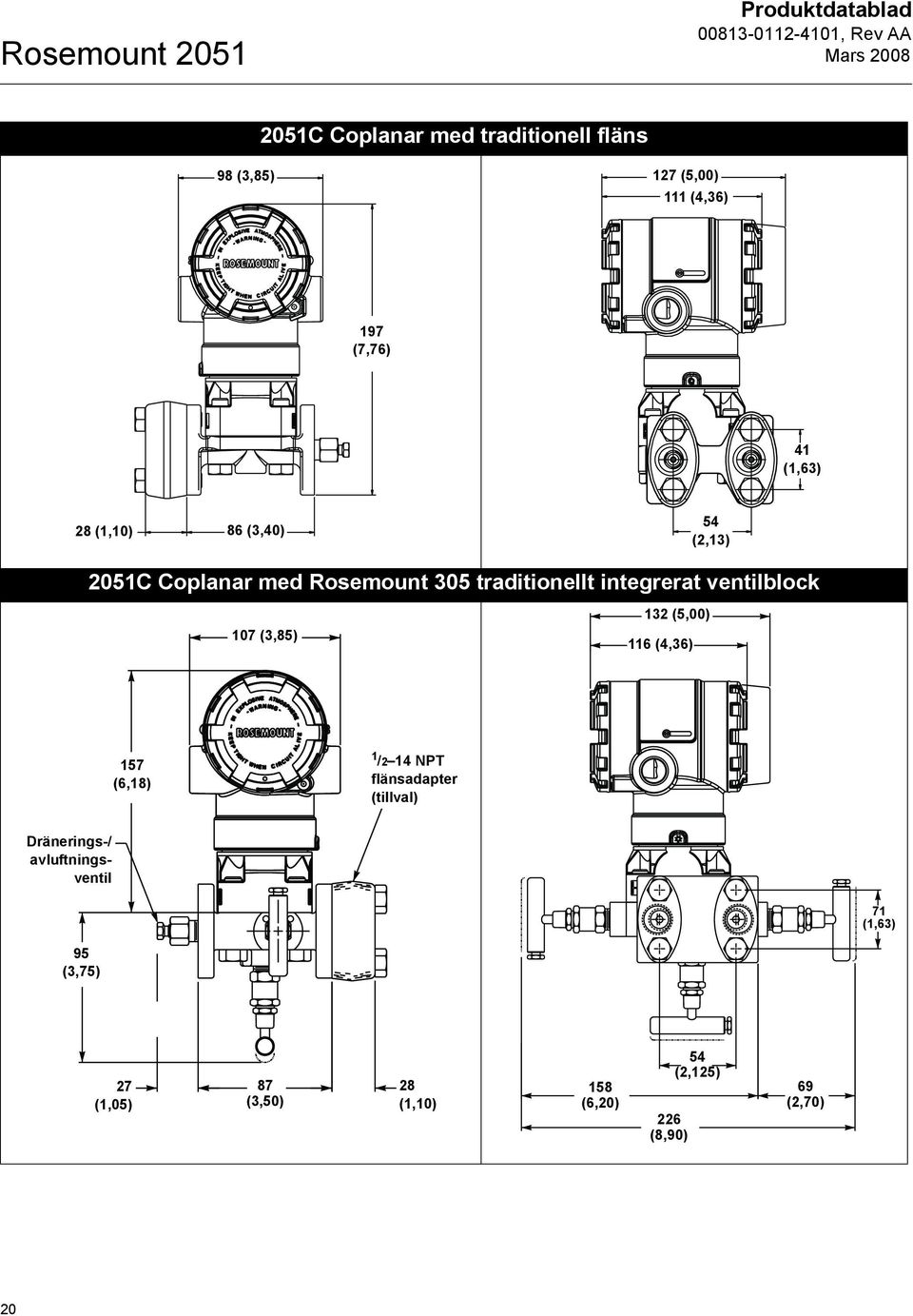 ventilblock 107 (3,85) 132 (5,00) 116 (4,36) 157 (6,18) 1 /2 14 NPT flänsadapter (tillval) Dränerings-/