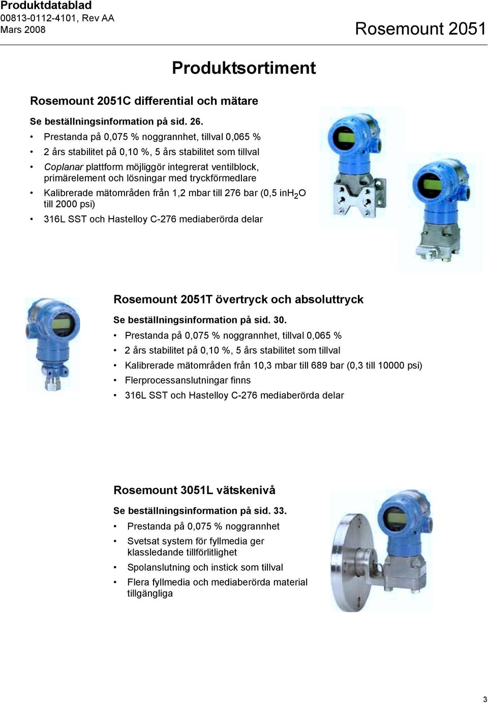 tryckförmedlare Kalibrerade mätområden från 1,2 mbar till 276 bar (0,5 inh 2 O till 2000 psi) 316L SST och Hastelloy C-276 mediaberörda delar Rosemount 2051T övertryck och absoluttryck Se