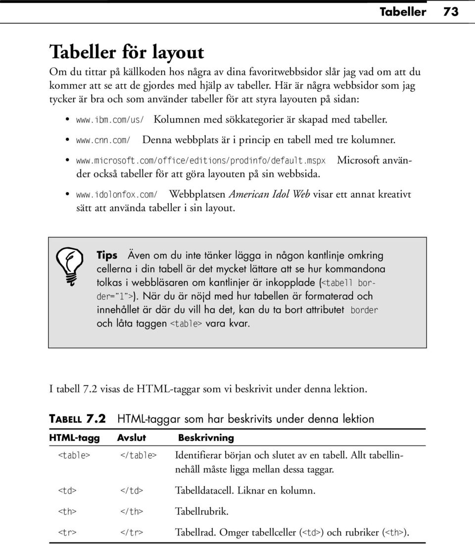 com/ Denna webbplats är i princip en tabell med tre kolumner. www.microsoft.com/office/editions/prodinfo/default.mspx Microsoft använder också tabeller för att göra layouten på sin webbsida. www.idolonfox.