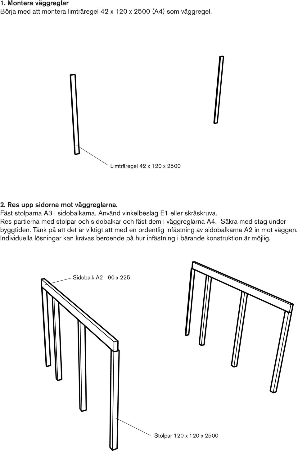 Res partierna med stolpar och sidobalkar och fäst dem i väggreglarna A4. Säkra med stag under byggtiden.