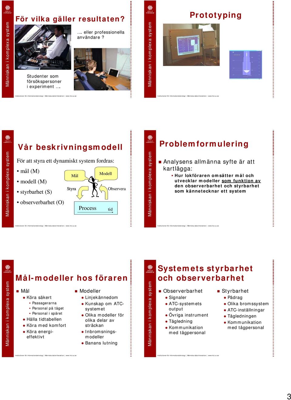 allmänna syfte är att kartlägga: Hur lokföraren omsätter mål och utvecklar modeller som funktion av den observerbarhet och styrbarhet som kännetecknar ett system Mål-modeller hos föraren Mål Köra