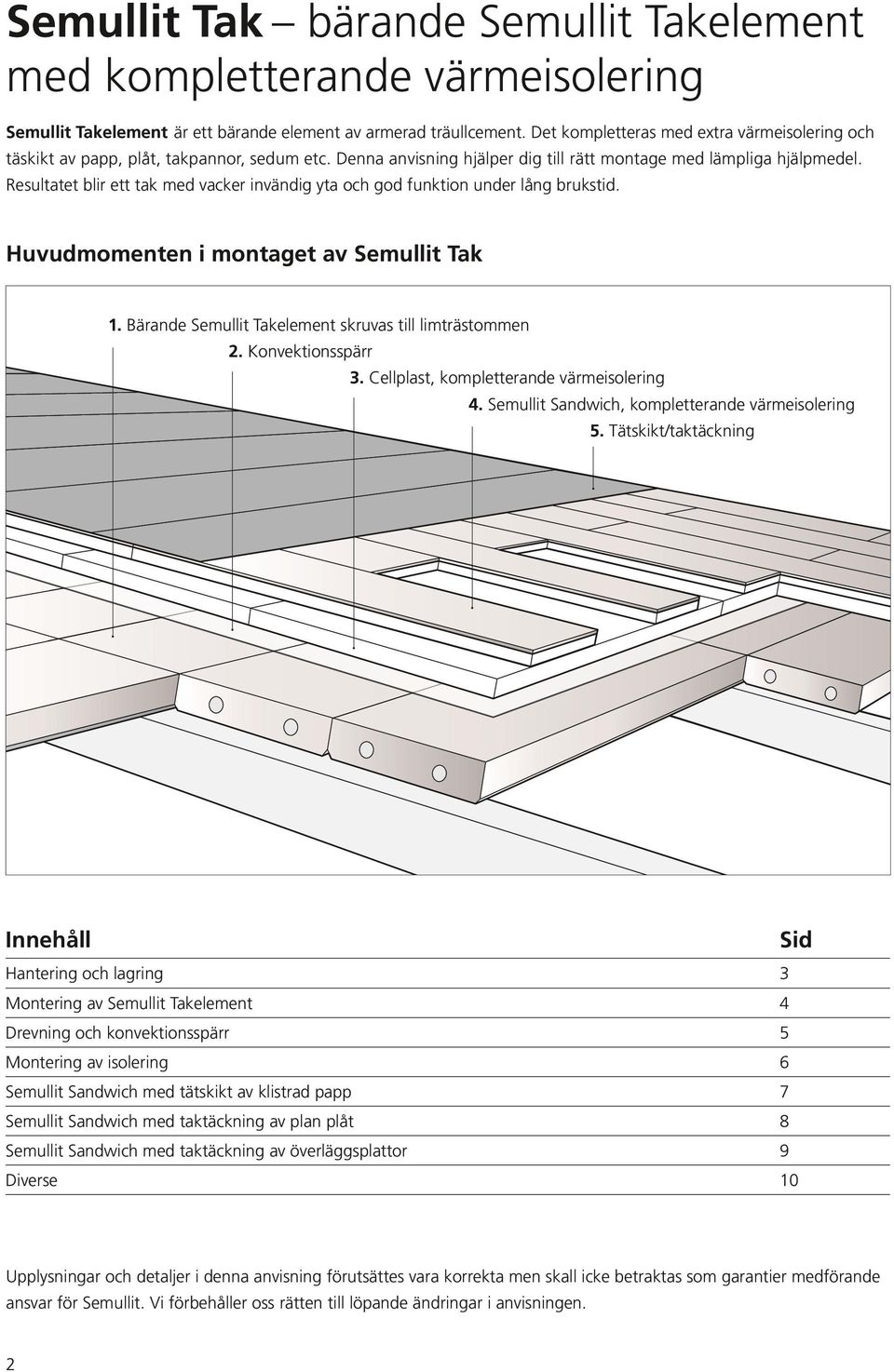 Huvudmomenten i montaget av Semullit Tak 1 Bärande Semullit Takelement skruvas till limträstommen 2 Konvektionsspärr 3 Cellplast, kompletterande värmeisolering 4 Semullit Sandwich, kompletterande