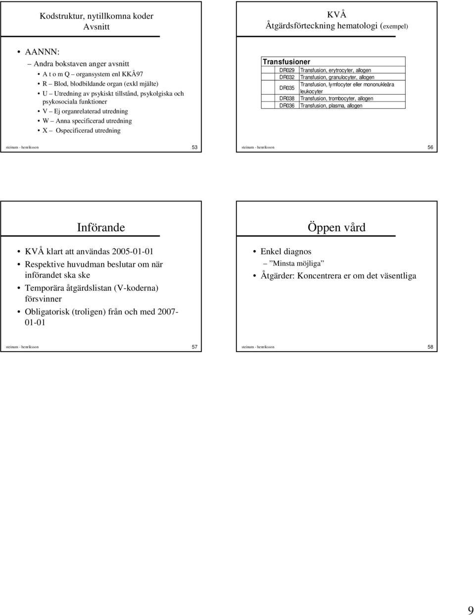 granulocyter, allogen DR035 Transfusion, lymfocyter eller mononukleära leukocyter DR038 Transfusion, trombocyter, allogen DR036 Transfusion, plasma, allogen steinum - henriksson 53 steinum -