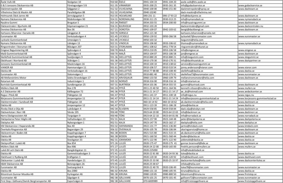se Vilhelmina Däck & Maskin AB Parallellgatan 88 912 32 VILHELMINA 0940 10240 dack maskin@vilhelmina.net Holmsunds Däck Janne AB Järnvägsgatan 5 913 35 HOLMSUND 090 231 11 090 17 93 22 info@dackjanne.