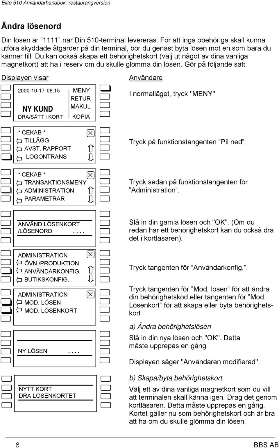 RAPPORT LOGONTRANS KOPIA I normalläget, tryck "MENY". Tryck på funktionstangenten Pil ned. TRANSAKTIONSMENY ADMINISTRATION PARAMETRAR Tryck sedan på funktionstangenten för Administration.