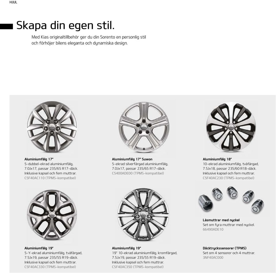 5Jx18, passar 235/60 R18-däck. Inklusive kapsel och fem muttrar. C5F40AC230 (TPMS-kompatibel) Låsmuttrar med nyckel Set om fyra muttrar med nyckel.