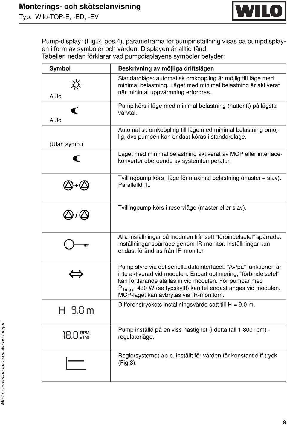 ) Beskrivning av möjliga driftslägen Standardläge; automatisk omkoppling är möjlig till läge med minimal belastning. Läget med minimal belastning är aktiverat när minimal uppvärmning erfordras.