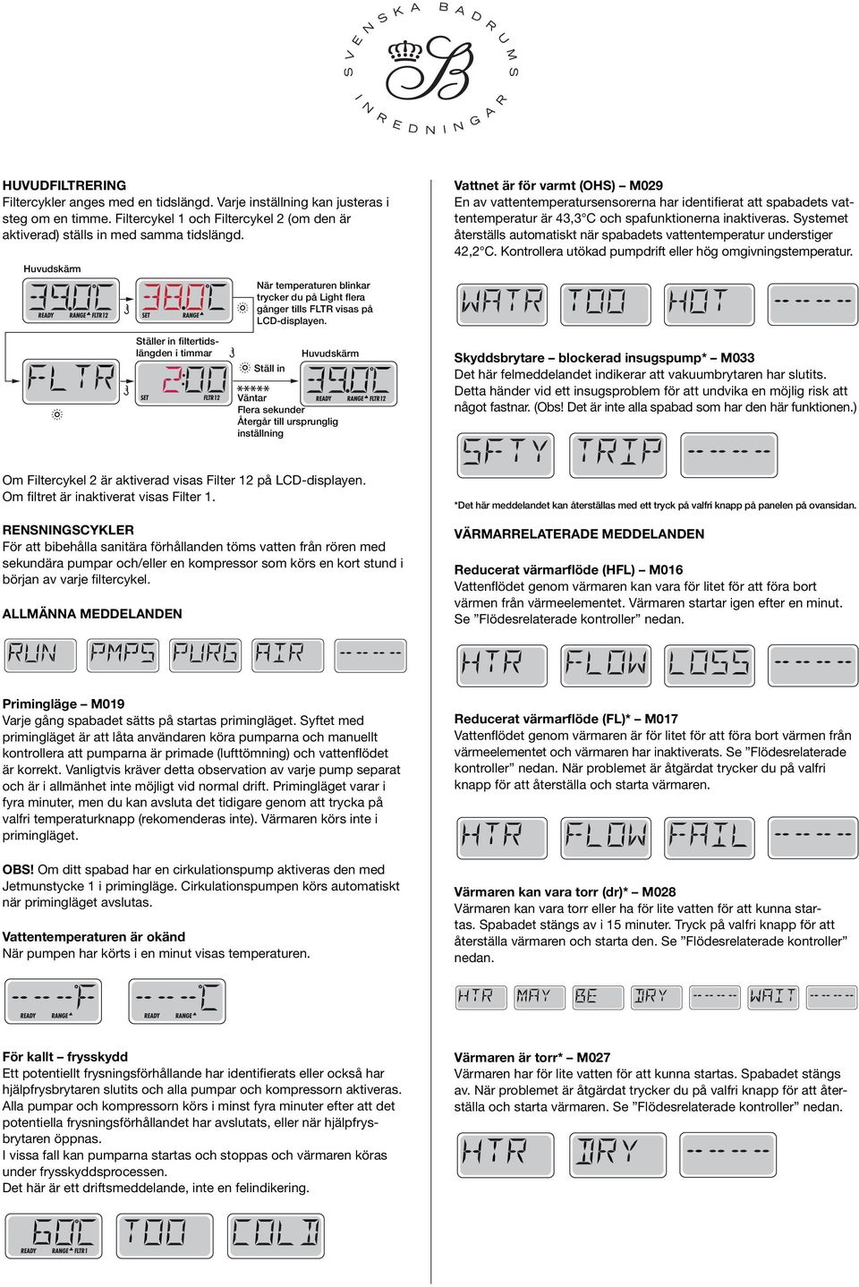 Vattnet är för varmt (OHS) M029 En av vattentemperatursensorerna har identifierat att spabadets vattentemperatur är 43,3 C och spafunktionerna inaktiveras.