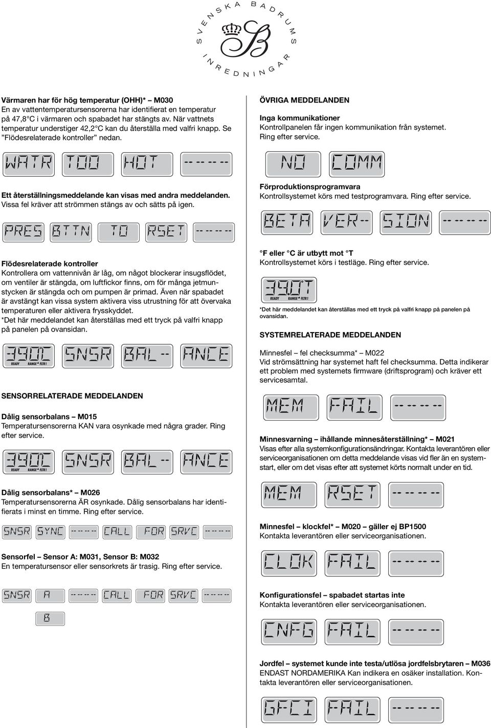 ÖVRIGA MEDDELANDEN Inga kommunikationer Kontrollpanelen får ingen kommunikation från systemet. Ring efter service. Ett återställningsmeddelande kan visas med andra meddelanden.