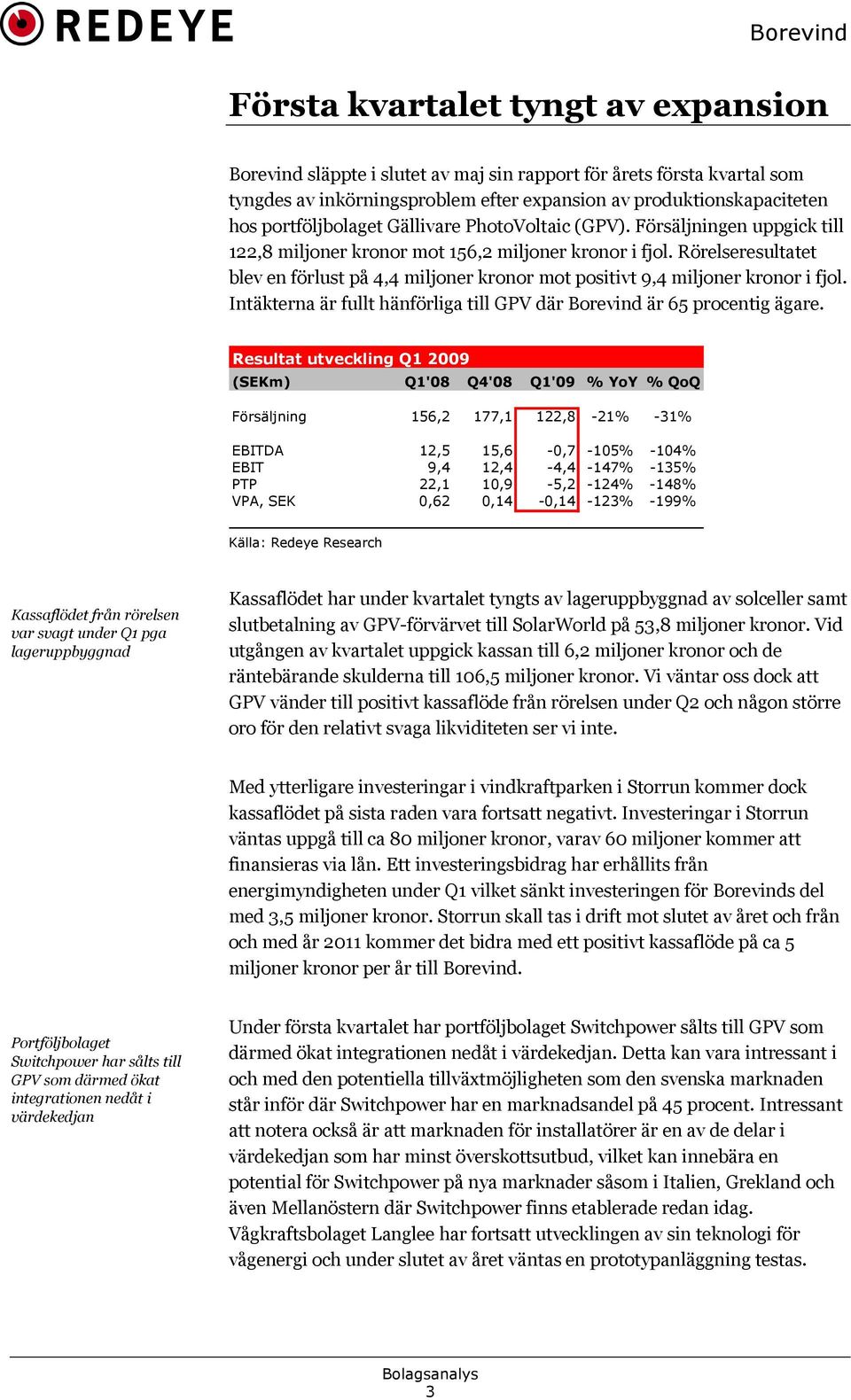 Rörelseresultatet blev en förlust på 4,4 miljoner kronor mot positivt 9,4 miljoner kronor i fjol. Intäkterna är fullt hänförliga till GPV där Borevind är 65 procentig ägare.