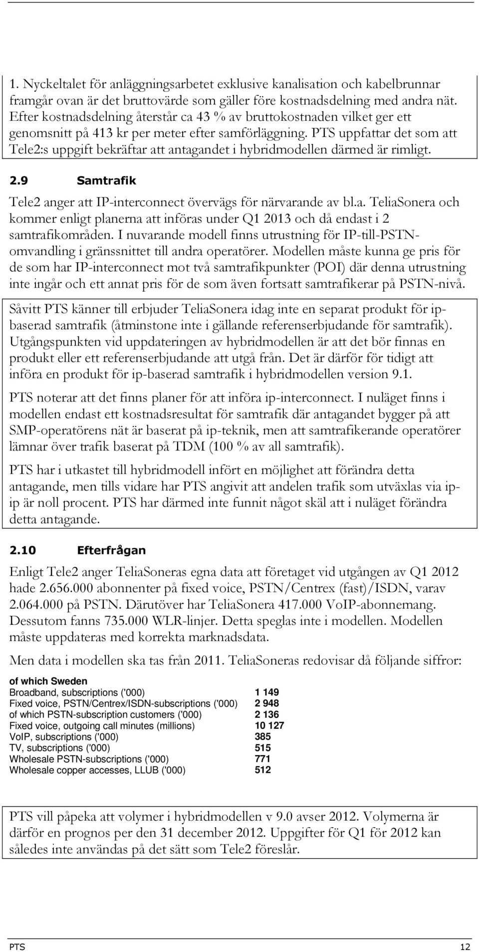 PTS uppfattar det som att Tele2:s uppgift bekräftar att antagandet i hybridmodellen därmed är rimligt. 2.9 Samtrafik Tele2 anger att IP-interconnect övervägs för närvarande av bl.a. TeliaSonera och kommer enligt planerna att införas under Q1 2013 och då endast i 2 samtrafikområden.