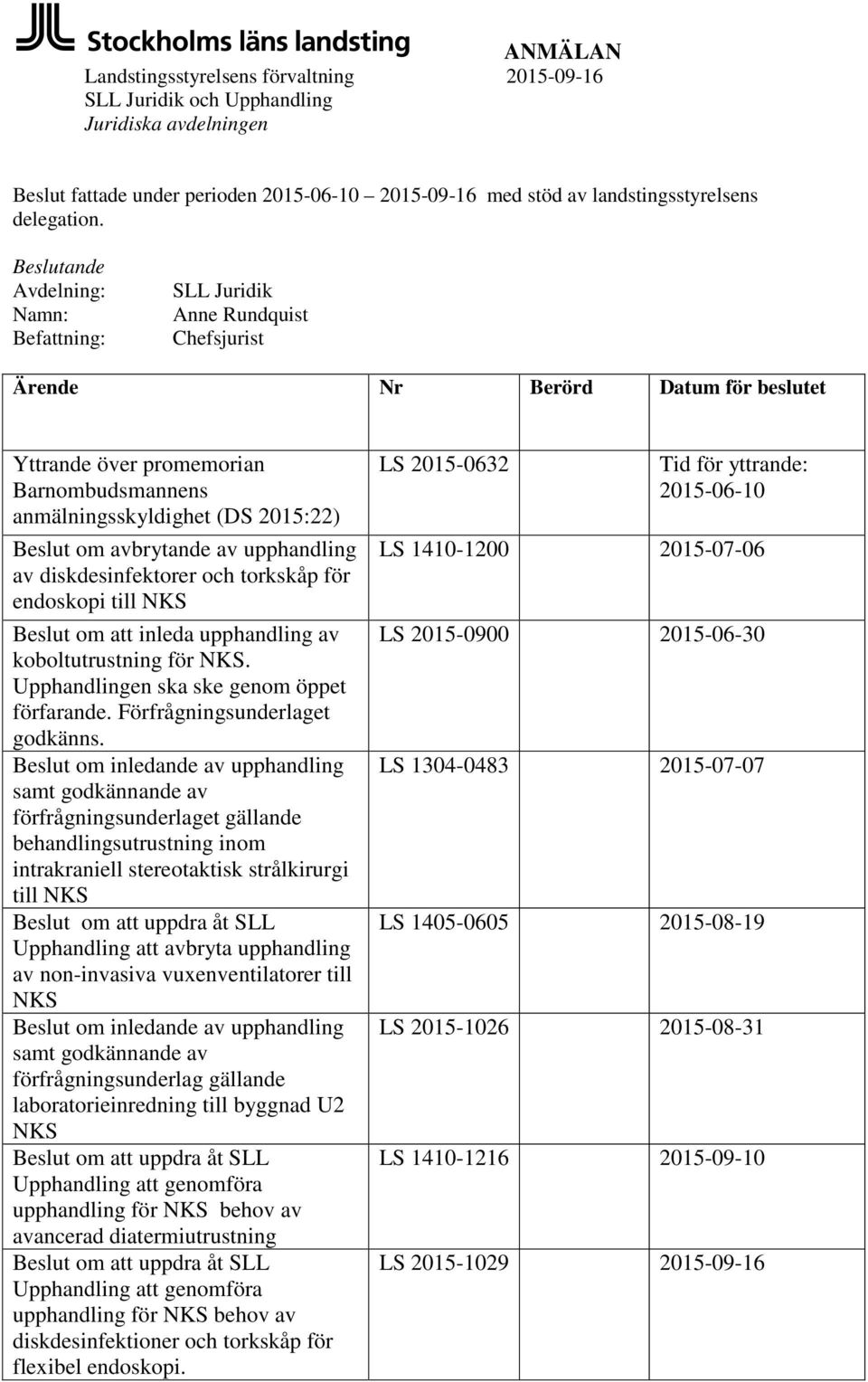 om avbrytande av upphandling av diskdesinfektorer och torkskåp för endoskopi till NKS Beslut om att inleda upphandling av koboltutrustning för NKS. Upphandlingen ska ske genom öppet förfarande.