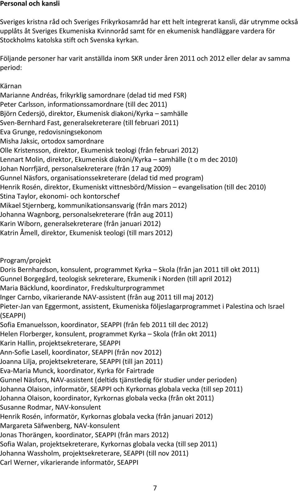 Följande personer har varit anställda inom SKR under åren 2011 och 2012 eller delar av samma period: Kärnan Marianne Andréas, frikyrklig samordnare (delad tid med FSR) Peter Carlsson,