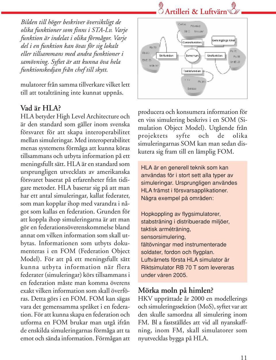 Artilleri & Luftvärn mulatorer från samma tillverkare vilket lett till att totalträning inte kunnat uppnås. Vad är HLA?