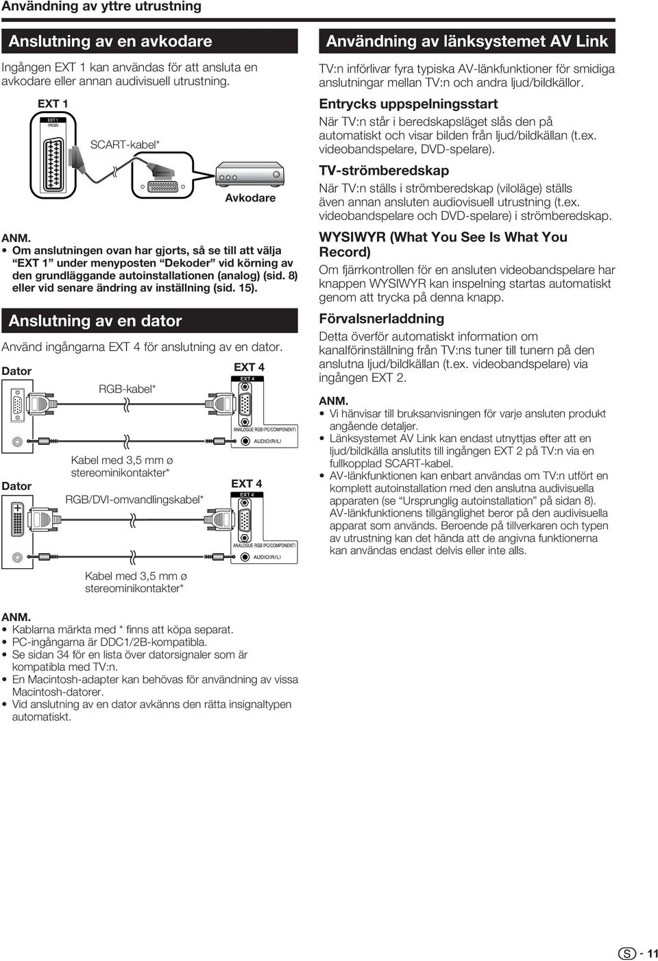 ator ator EX SCAR-kabel* RGB-kabel* Kabel med,5 mm ø stereominikontakter* RGB/V-omvandlingskabel* Avkodare Om anslutningen ovan har gjorts, så se till att välja EX under menyposten ekoder vid körning