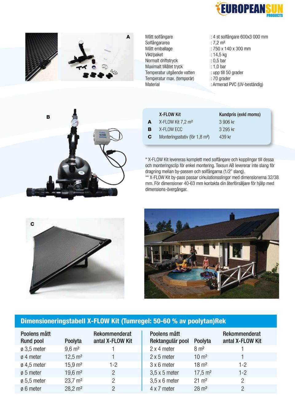 (temporär) : 70 grader : Armerad PVC (UV-beständig) B X-FLOW Kit Kundpris (exkl moms) A X-FLOW Kit 7,2 m² 3 906 kr B X-FLOW ECC 3 295 kr C Monteringsstativ (för 1,8 m²) 439 kr * X-FLOW Kit levereras