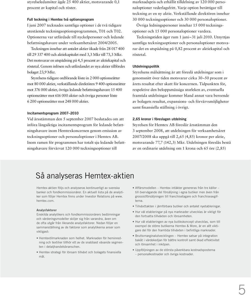 Optionerna var utfärdade till nyckelpersoner och ledande befattningshavare under verksamhetsåret 2004/2005.