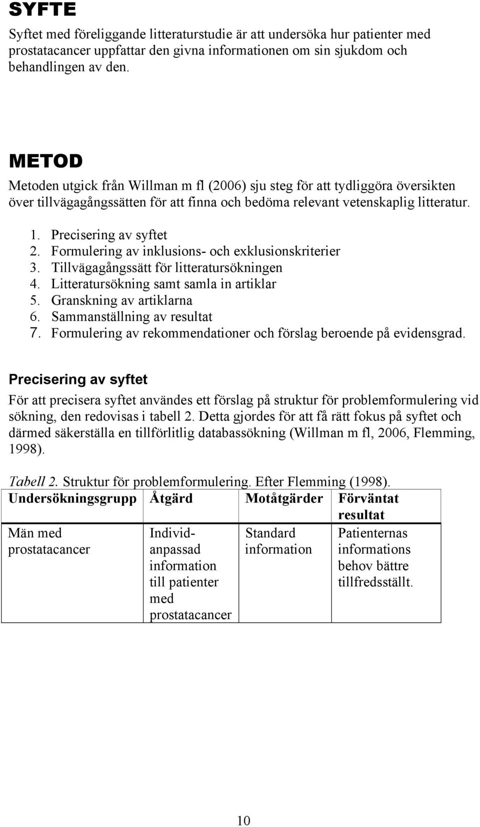 Formulering av inklusions- och exklusionskriterier 3. Tillvägagångssätt för litteratursökningen 4. Litteratursökning samt samla in artiklar 5. Granskning av artiklarna 6.