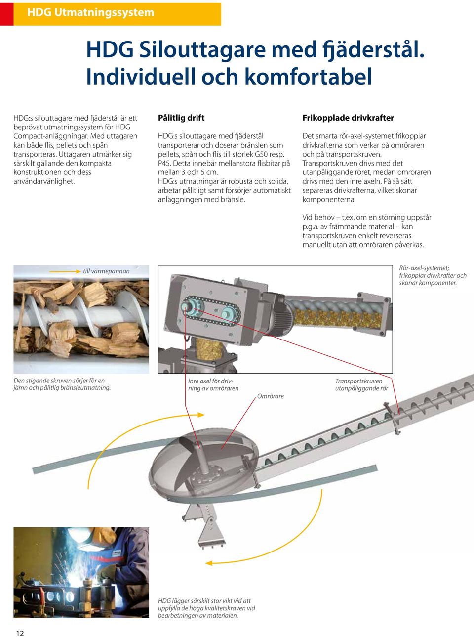 Pålitlig drift HDG:s silouttagare med fjäderstål transporterar och doserar bränslen som pellets, spån och flis till storlek G50 resp. P45. Detta innebär mellanstora flisbitar på mellan 3 och 5 cm.