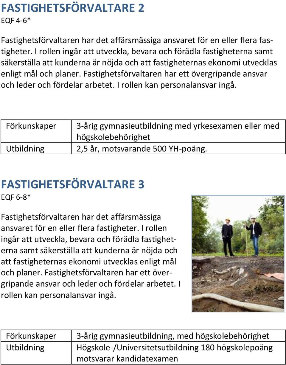 Fastighetsförvaltaren har ett övergripande ansvar och leder och fördelar arbetet. I rollen kan personalansvar ingå. 2,5 år, motsvarande 500 YH-poäng.