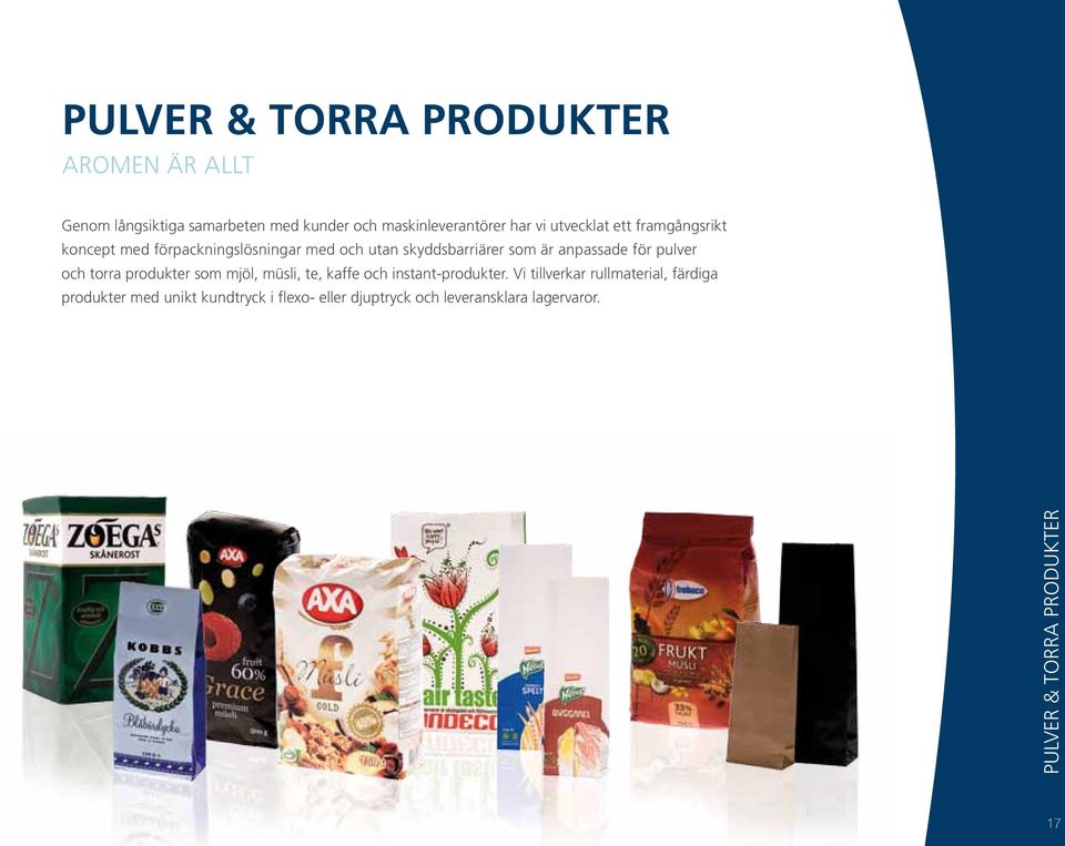 pulver och torra produkter som mjöl, müsli, te, kaffe och instant-produkter.