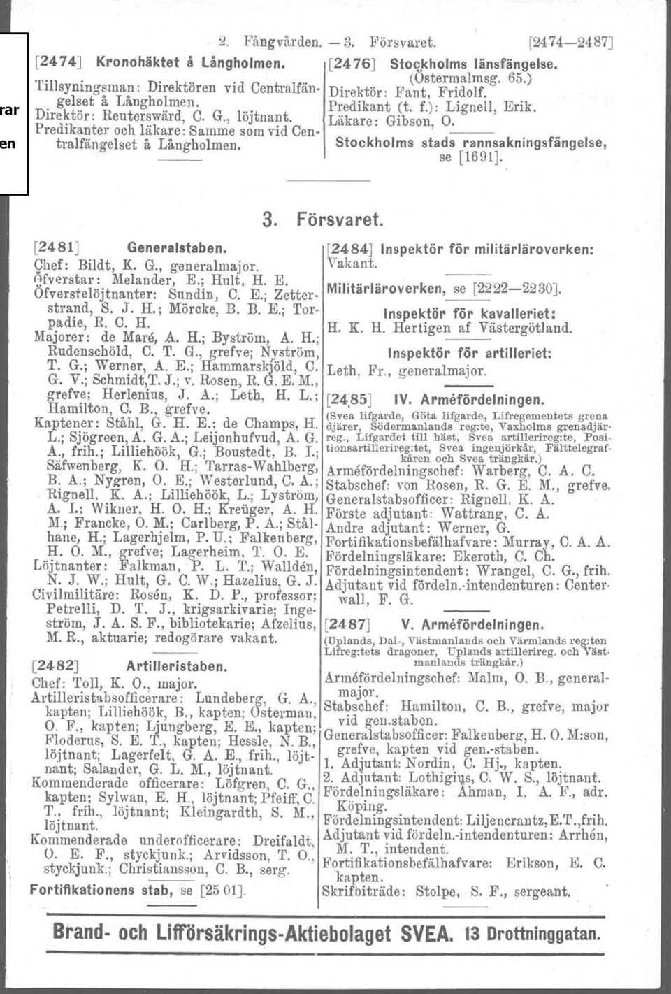 Predikanter och läkare: amme som vid Cen- tockholms stads rannsakningsfängelse, tralfängelset å Långholmen. se [1691J. 3. Försvaret. [2481J Generalstaben.