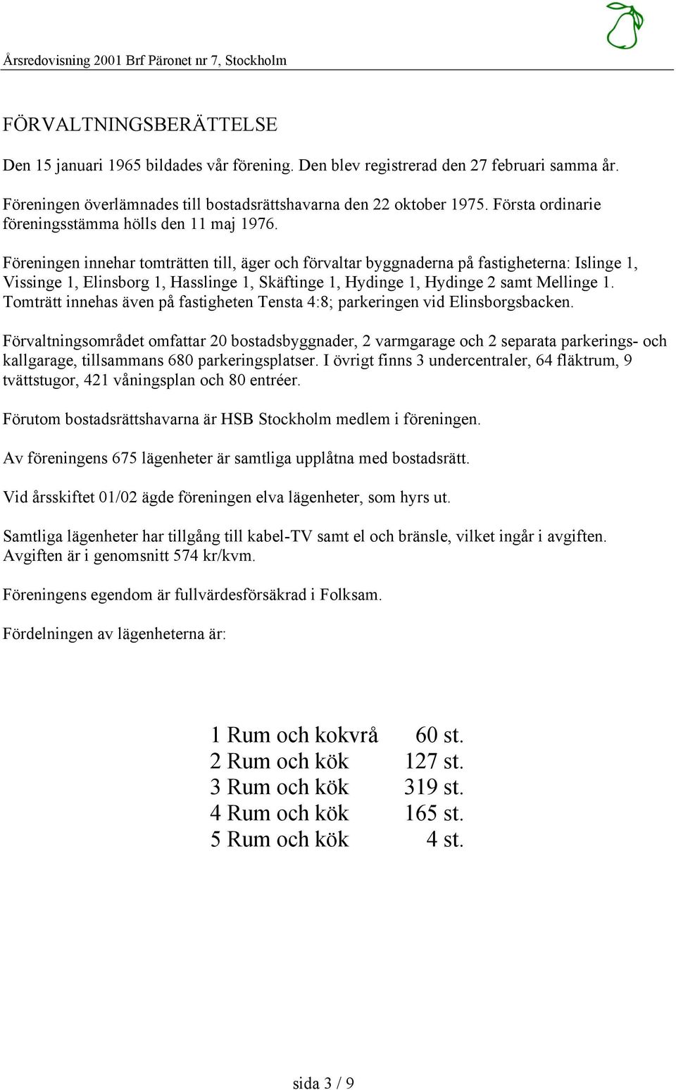 Föreningen innehar tomträtten till, äger och förvaltar byggnaderna på fastigheterna: Islinge 1, Vissinge 1, Elinsborg 1, Hasslinge 1, Skäftinge 1, Hydinge 1, Hydinge 2 samt Mellinge 1.