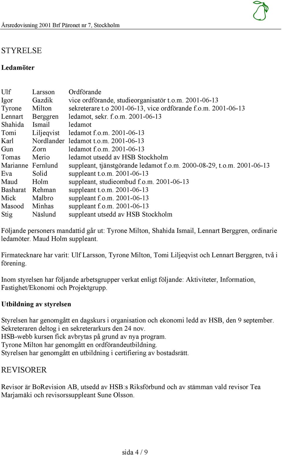 o.m. 2001-06-13 Tomas Merio ledamot utsedd av HSB Stockholm Marianne Fernlund suppleant, tjänstgörande ledamot f.o.m. 2000-08-29, t.o.m. 2001-06-13 Eva Solid suppleant t.o.m. 2001-06-13 Maud Holm suppleant, studieombud f.