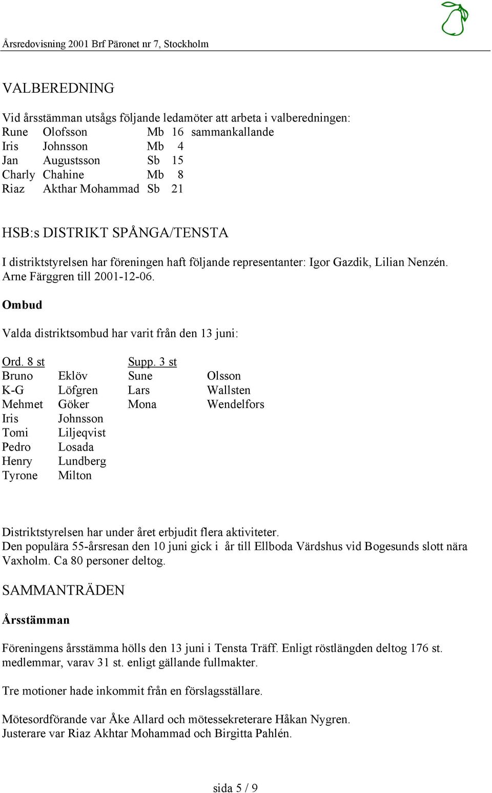 Arne Färggren till 2001-12-06. Ombud Valda distriktsombud har varit från den 13 juni: Ord. 8 st Supp.