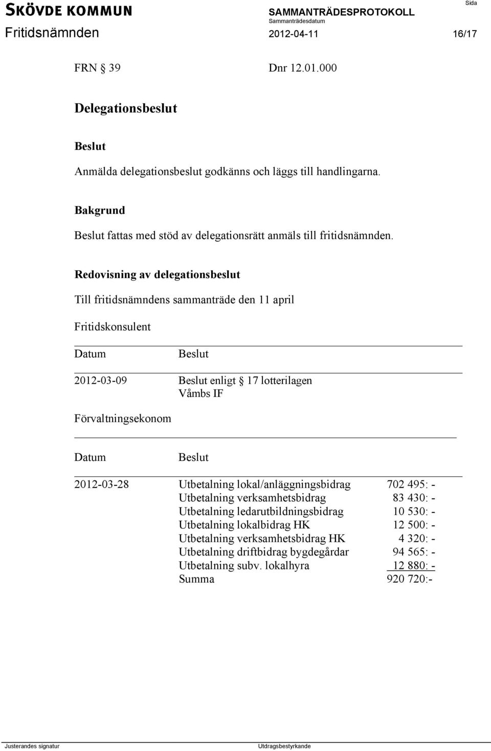 Redovisning av delegationsbeslut Till fritidsnämndens sammanträde den 11 april Fritidskonsulent Datum 2012-03-09 enligt 17 lotterilagen Våmbs IF Förvaltningsekonom Datum