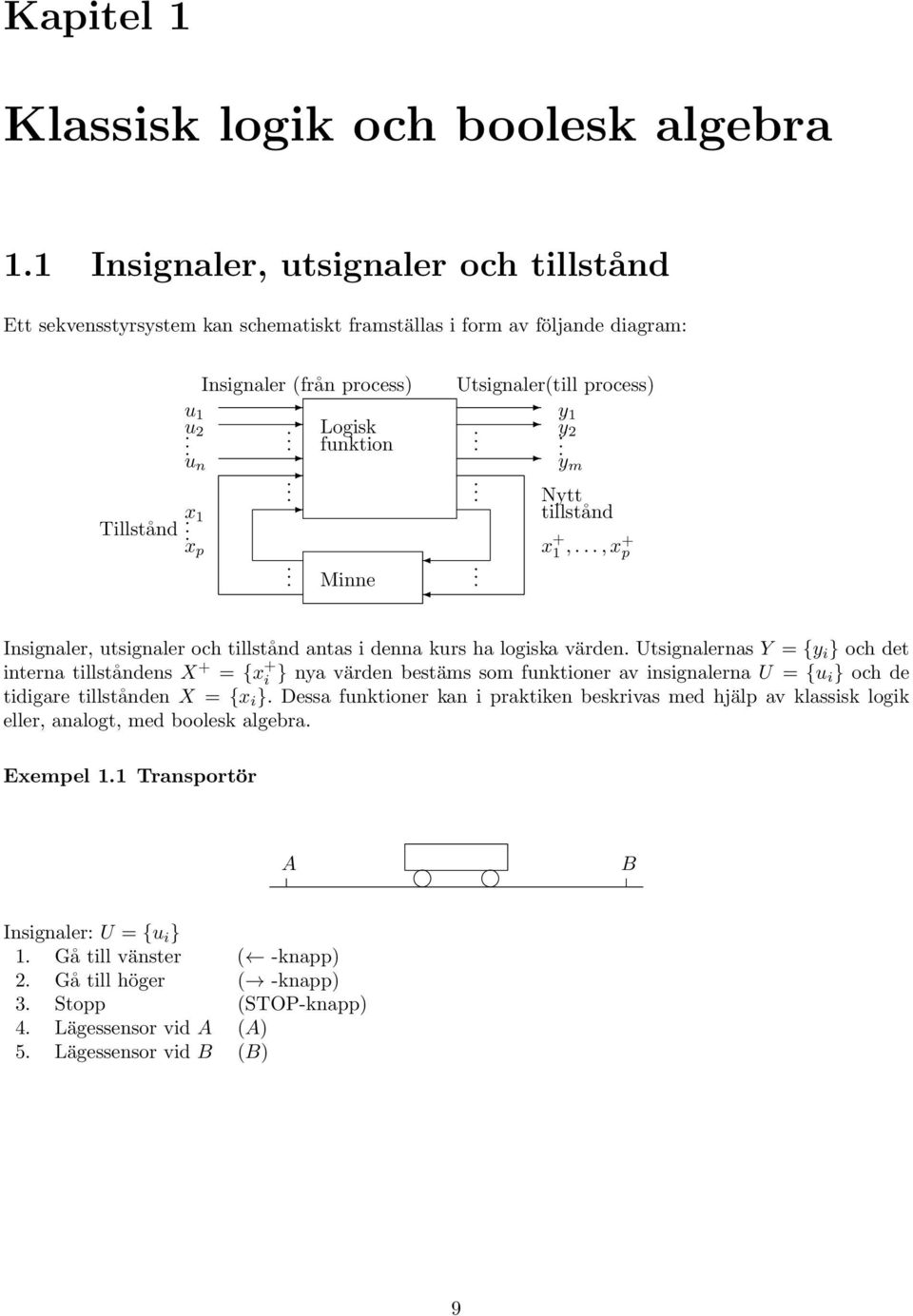 . Nytt tillstånd Tillstånd..x x p x +,..., x+ p. Minne. Insignaler, utsignaler och tillstånd antas i denna kurs ha logiska värden.