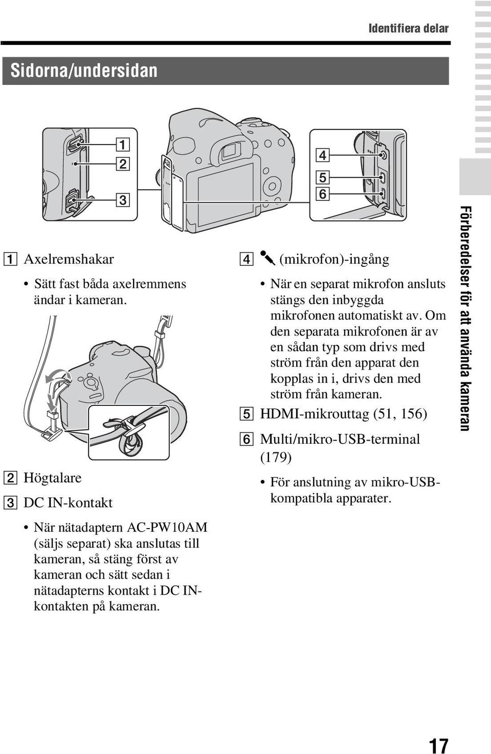 INkontakten på kameran. D m (mikrofon)-ingång När en separat mikrofon ansluts stängs den inbyggda mikrofonen automatiskt av.