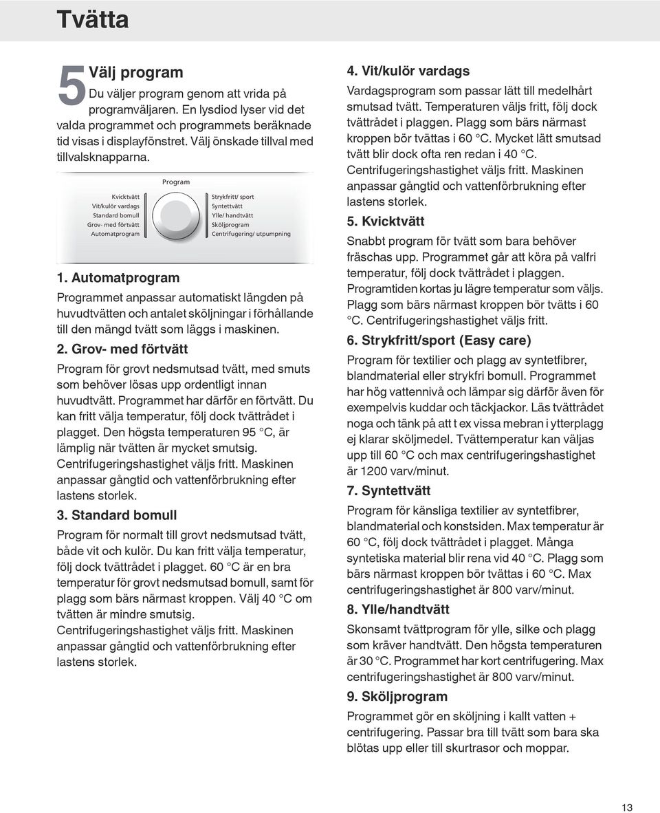 Automatprogram Strykfritt/ sport Syntettvätt Ylle/ handtvätt Sköljprogram Centrifugering/ utpumpning Programmet anpassar automatiskt längden på huvudtvätten och antalet sköljningar i förhållande till