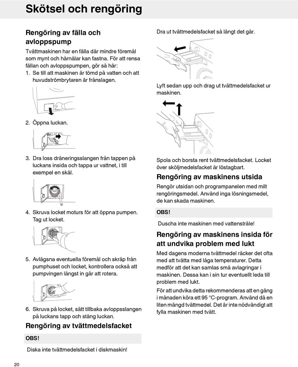 3. Dra loss dräneringsslangen från tappen på luckans insida och tappa ur vattnet, i till exempel en skål. 4. Skruva locket moturs för att öppna pumpen. Tag ut locket. 5.