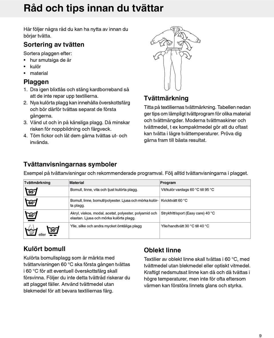 Vänd ut och in på känsliga plagg. Då minskar risken för noppbildning och färgveck. 4. Töm fickor och låt dem gärna tvättas ut- och invända. Tvättmärkning Titta på textiliernas tvättmärkning.