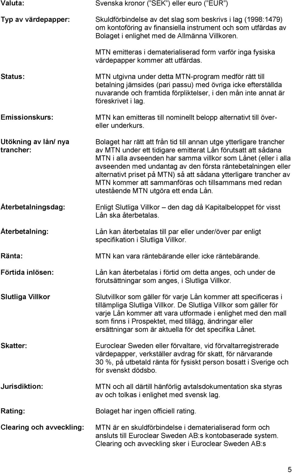 Status: Emissionskurs: Utökning av lån/ nya trancher: Återbetalningsdag: Återbetalning: Ränta: Förtida inlösen: Slutliga Villkor Skatter: Jurisdiktion: Rating: Clearing och avveckling: MTN utgivna