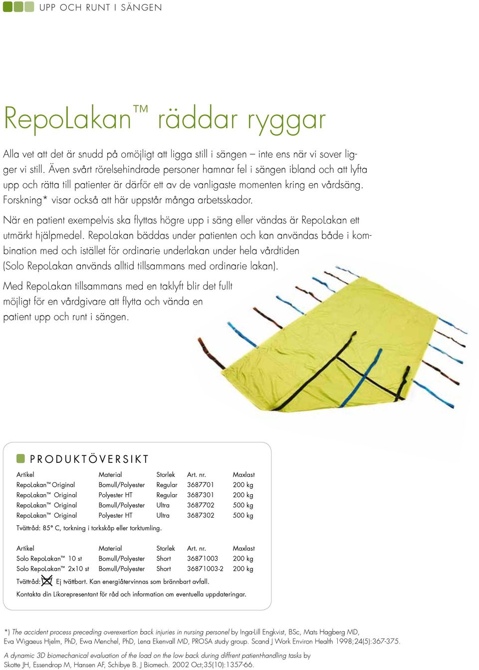 Forskning* visar också att här uppstår många arbetsskador. När en patient exempelvis ska flyttas högre upp i säng eller vändas är RepoLakan ett utmärkt hjälpmedel.