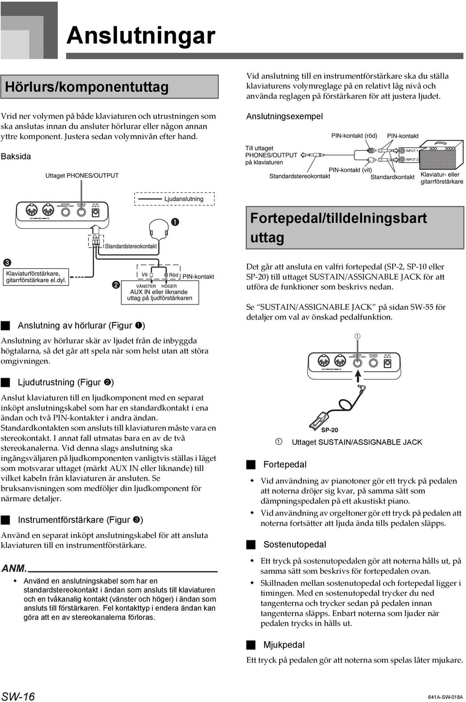 Anslutningsexempel Baksida Fortepedal/tilldelningsbart uttag Det går att ansluta en valfri fortepedal (SP-2, SP-10 eller SP-20) till uttaget SUSTAIN/ASSIGNABLE JACK för att utföra de funktioner som