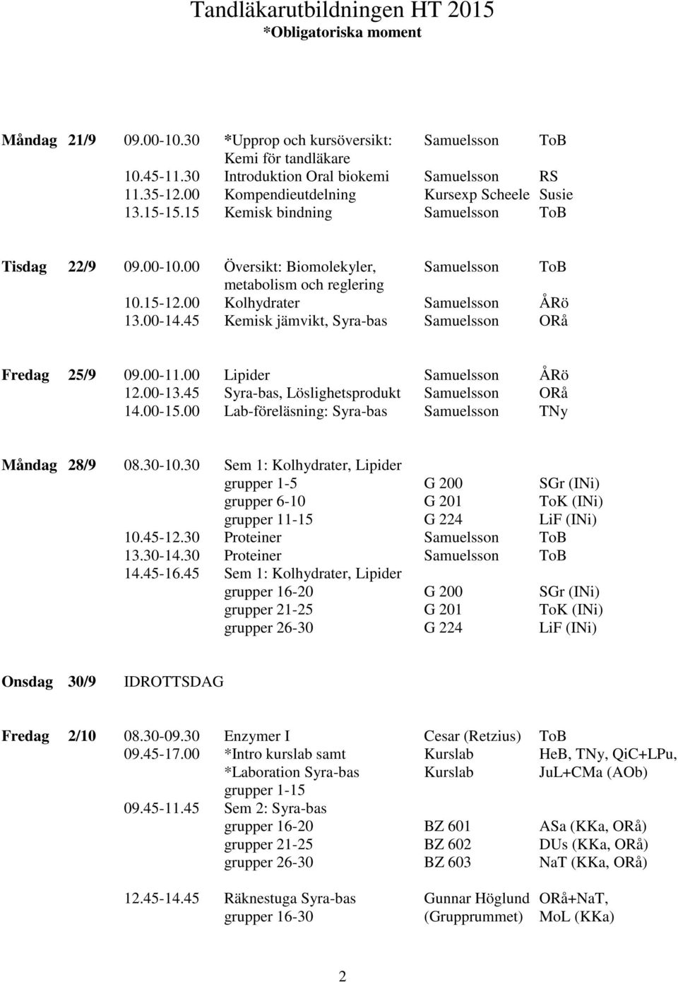 00 Kolhydrater Samuelsson ÅRö 13.00-14.45 Kemisk jämvikt, Syra-bas Samuelsson ORå Fredag 25/9 09.00-11.00 Lipider Samuelsson ÅRö 12.00-13.45 Syra-bas, Löslighetsprodukt Samuelsson ORå 14.00-15.