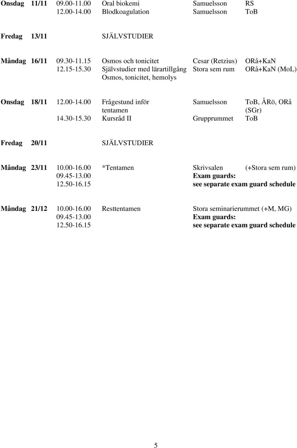 00 Frågestund inför Samuelsson ToB, ÅRö, ORå tentamen (SGr) 14.30-15.30 Kursråd II Grupprummet ToB Fredag 20/11 SJÄLVSTUDIER Måndag 23/11 10.00-16.